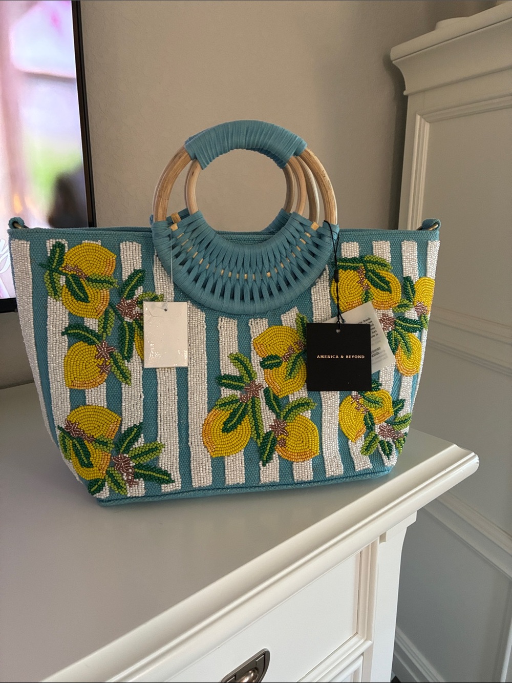 Beaded Lemon Stripe Tote in Turquoise by